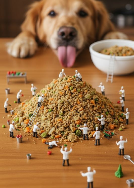 Golden retriever waiting eagerly while tiny chefs prepare a mountain of fresh dog food with vegetables – Chef Woof