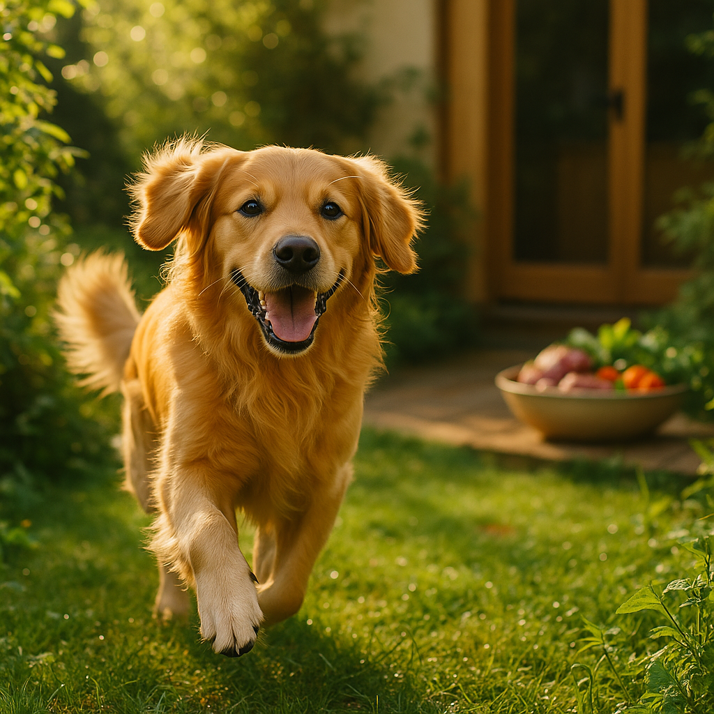 A photo of a happy Golden Retriever running through a sunlit backyard garden in the morning, surrounded by greenery.
