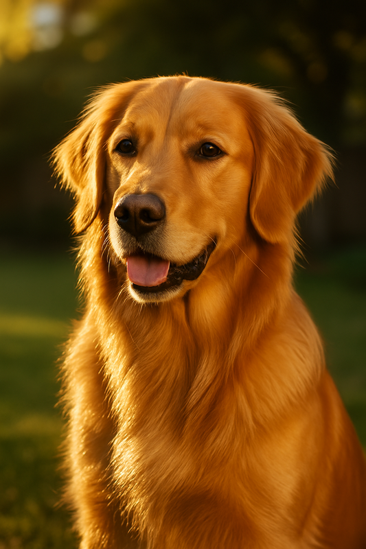 Golden Retriever with a shiny, healthy coat sitting in warm natural light — Chef Woof fresh dog food promotes glossy fur and healthy skin.