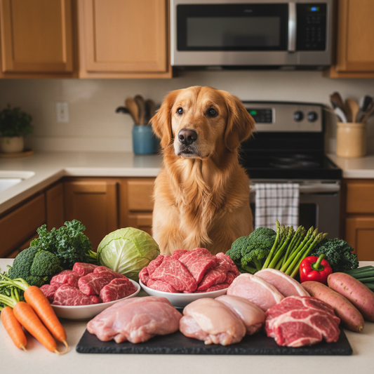 Golden Retriever in a cozy kitchen with raw beef, chicken, pork, lamb, and fresh vegetables including carrots, broccoli, asparagus, cabbage, sweet potatoes, and kale on the counter.